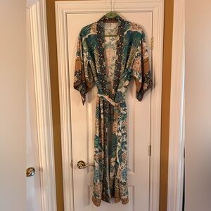 Teal & Beige Floral Satin Kimono Robe with Belt one size new no tags